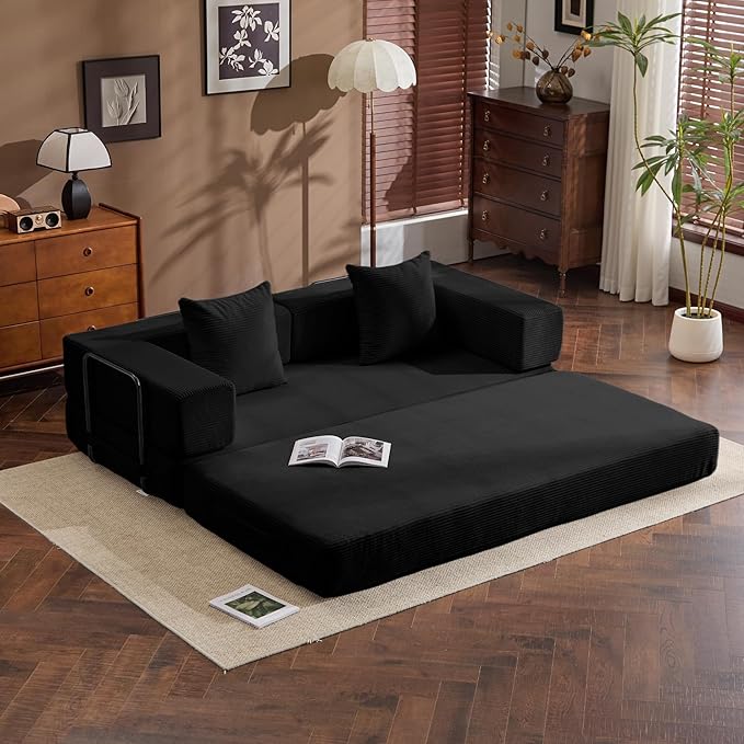 Convertible Sleep Sofa Bed with Armrests and Backrest Corduroy Folding Couch with 2 Pillow Modular Sectional for Living Room Bedroom Studio-No Assembly NeededBlack