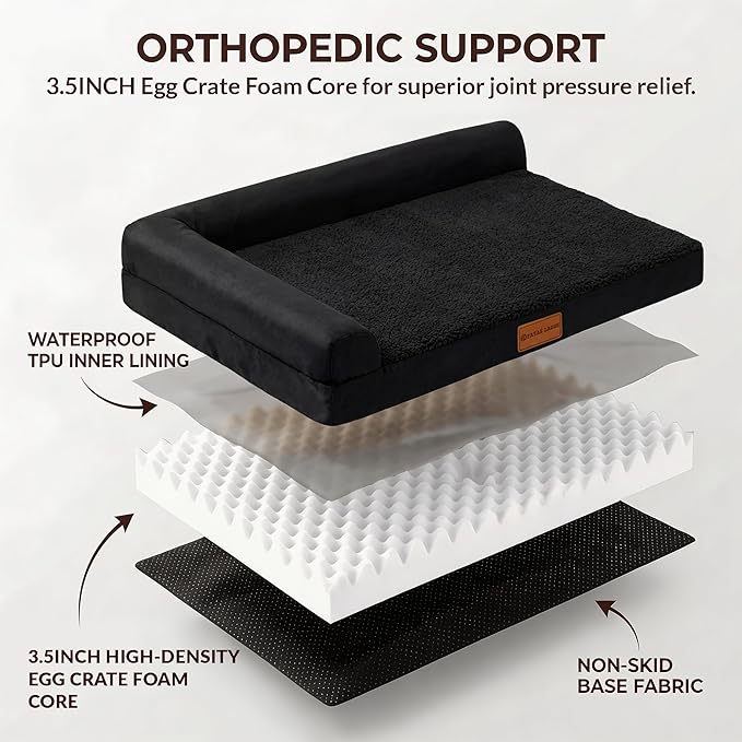 Patas Lague Orthopedic Dog Bed Large Sized Dog 36''X24'' Waterproof L Bolster Medium Pet Sofa Beds with Removable Washable Cover Soft Comfortable Pet Couch Crate Mat with Nonskid Bottom Black
