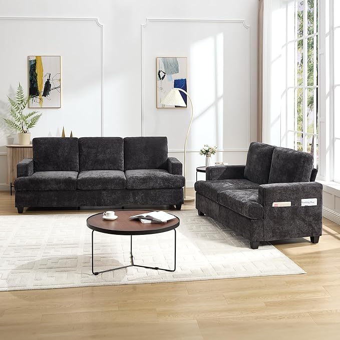 Loveseat Sofa 60 Chenille Couch with Side Pocket Removable Pillow and Cushion Cover 2 seat Couches Comfy Modern Small Couch for Living Room Small Spaces Dorms Office Dark Grey