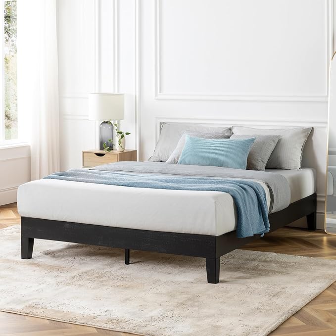 Mellow Naturalista Grand 12 Inch Solid Wood Platform Bed with Wooden Slats Easy Assembly Queen Black