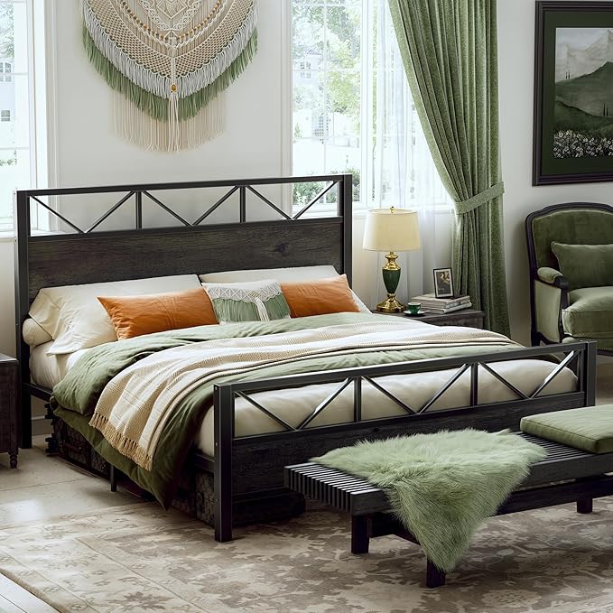 LIKIMIO King Bed Frame Tall Industrial Headboard 51.2  Platform Bed Frame with Strong Metal Support Solid and Stable Noise Free No Box Spring Needed Easy Assembly Charcoal Grey