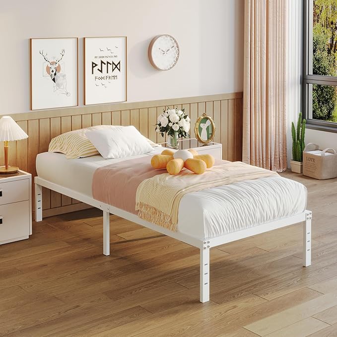 14 Inch Twin Bed Frames No Box Spring Needed Heavy Duty Metal Twin Platform Bed Frame with Large Underbed Storage Space Noise Free Easy Assembly White