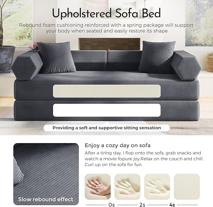 79'' Convertible Sofa Bed 5-in-1 Folding Sleeper Couch with Pull Out Bed Corduroy Modular Floor Sofa No Assembly Space Saving Guest Bed for Living Room Apartment Bedroom (Dark Gray1) | Convertible