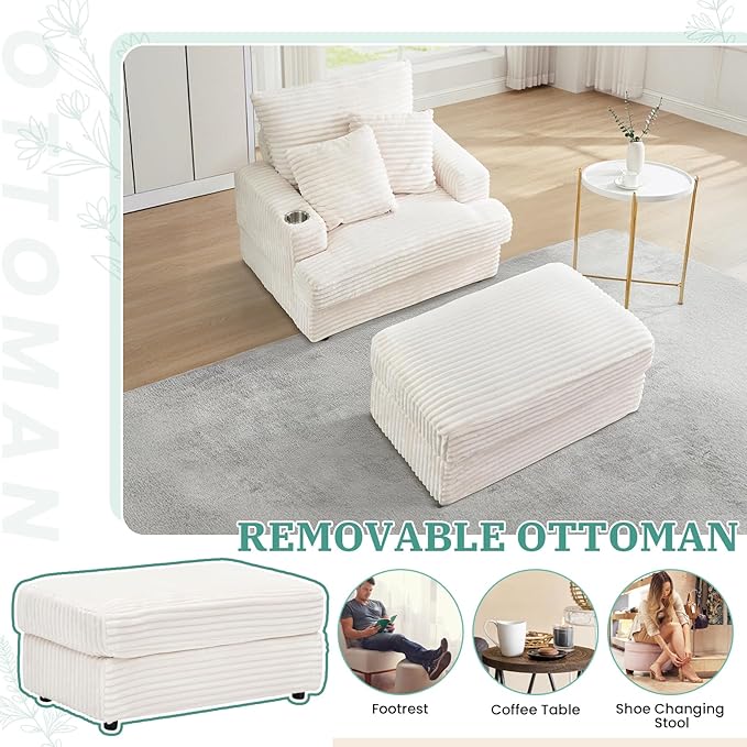 Chaise Lounge Chair Indoor 39 W Plush Corduroy Oversized Chair with Ottoman Upholstered Cozy Chaise with Cup Holder Modern Deep Seat Comfy Sofa Armchair for Living Room Bedroom(White)