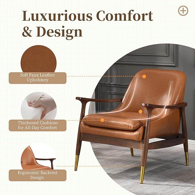 Christopher Knight Home Faux Leather Lounge Chair Living Room Accent Chair Cozy Lounge Chair Reading Chair with Solid Wood Frame Brown