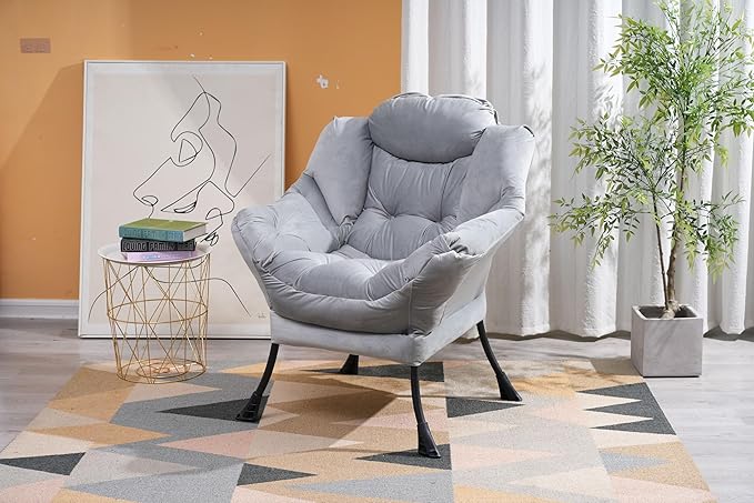Living Room Chairs Modern Cotton Fabric Lazy Chair Accent Contemporary Lounge Chair Single Steel e Leisure Sofa Chair with Armrests and A Side Pocket (Light Gray02)