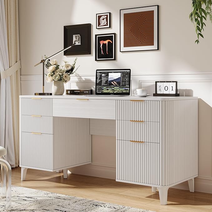 55.1 Fluted Executive Desk with Drawers White Desk with Storage Cabinet Home Office Desk with Charging Station Farmhouse Desk with File Cabinet for Office Home