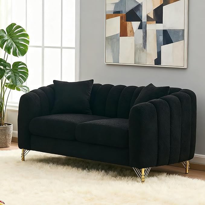 Loveseat Velvet Fabric Two- Seater Couch Buckle Design and Rivet Decoration Deep Seated Double Sofa Suitable for Living Room Bedroom Apartment Hotel etc (black-06)