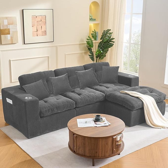 Modular Sectional Sofa 108 Cloud Sectional Couch with Deep Seat 3 Seat Modular Sofa Memory Foam Upholstered Boneless Couches for Living Room Bedroom No Assembly Required Grey