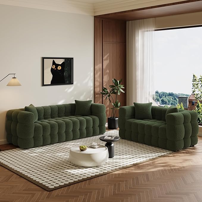 2 Piece Boucle Sofa Couch Set Comfy Upholstered Sherpa Deep Seat Cloud Couch and Loveseat Modern Tufted 3 Seater and 2 Seater Love Seat Sofa for Living Room Apartment Olive Green