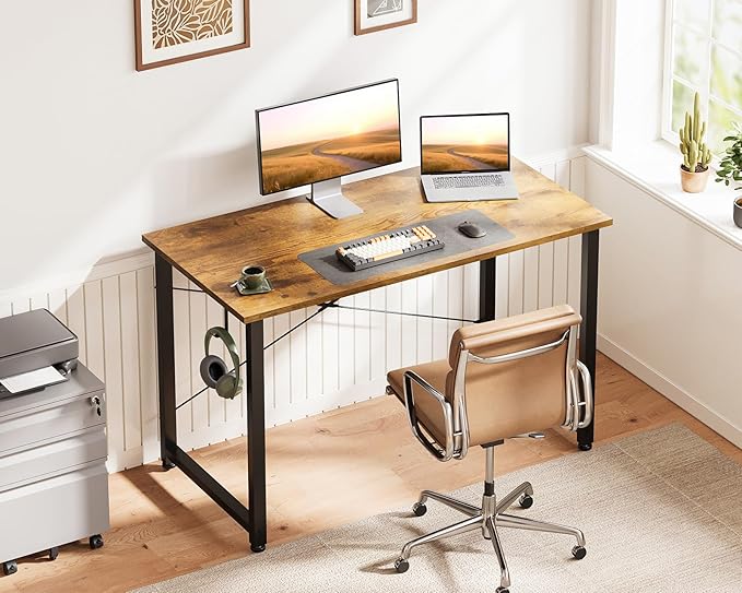 Casaottima 40 Inch Small Computer Desk for Home Office Study Writing Table for Small Spaces Simple Modern Desk with Headphone Hooks Rustic Brown