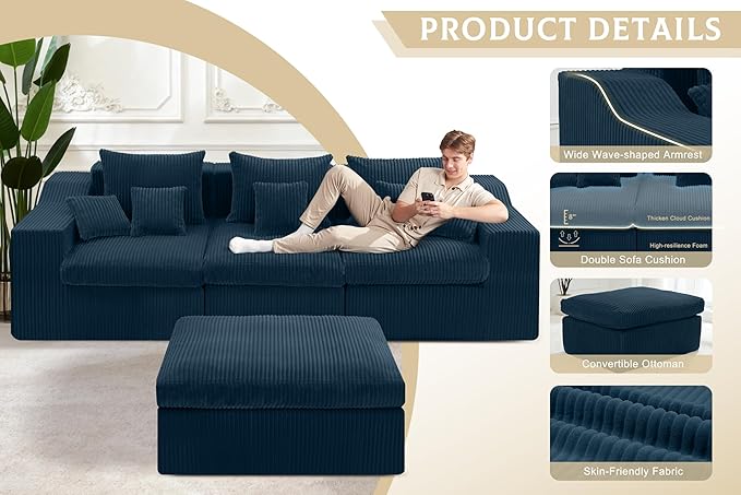 101 Modular Couch Sectionals with Ottoman Big Comfy Cloud Couches L Shaped 4 Seat Modular Sectional Sofa Sectional Double Cushion Couches with Deep Seat for Living RoomNo Assembly Required(Blue)