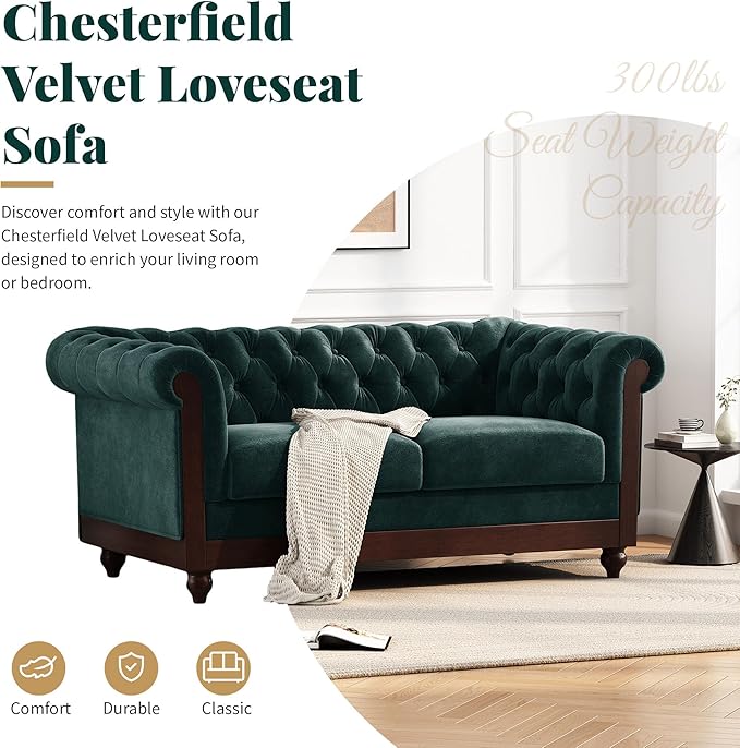Merax Velvet Chesterfield Sofa Retro Style Upholstered 3 Seater Leather Couch Rolled Arm for Living Room Bedroom Office Dark Green