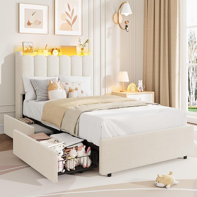 Garvee LED Twin XL Bed Frame with Storage Headboard Kids Bed Frame with 2 Drawers Boucle Upholstered Platform Bed for Girls Chic Wavy Headboard with Bookcase No Box Spring Needed White