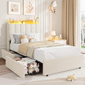 Garvee LED Twin XL Bed Frame with Storage Headboard Kids Bed Frame with 2 Drawers Boucle Upholstered Platform Bed for Girls Chic Wavy Headboard with Bookcase No Box Spring Needed White