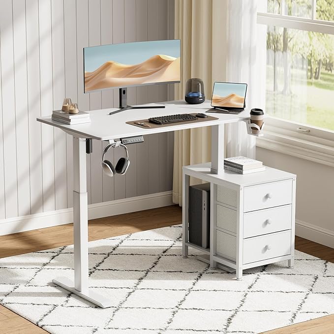 REAHOME Electric Standing Desk with Drawers 47 x 24 Inches Height Adjustable Sit Stand Desk with Storage 3 Memory Preset Home Office Computer Table Printer Cabinet 2 Hooks Cable Management White