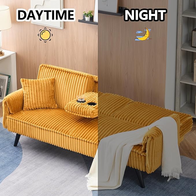 72” Corduroy Futon Sofa Bed with Pillows Modern Convertible Futon Couch with 2 Cup Holders&amp Metal Legs for Small Spaces Living Room Solid Wood Frame (Orange)