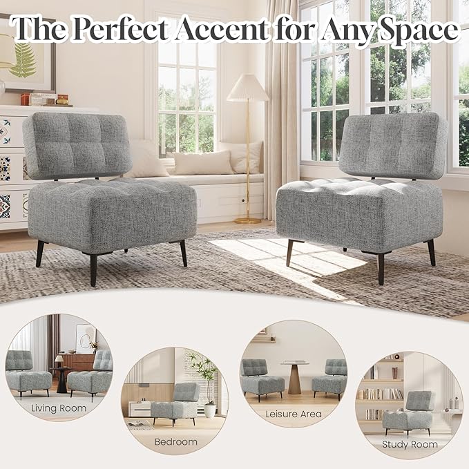EROMMY Accent Chair Armless Mid Century Modern Chair with Thick Cushion &amp Metal Legs Polyester Leisure Chair Comfy Side Corner Chairs for Living Room Bedroom Study Room Entryway (Grey)