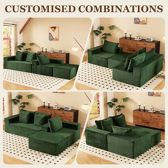 INGEROOM 108 Cloud Sectional Couch with L-Shape Chaise Modular Sofa Memory Foam Boneless Sofa with Movable Ottoman Plush Corduroy Memory Foam Couch for Living Room No Assembly Forest Green