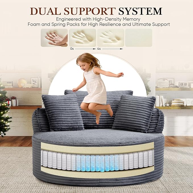 Antetek 53-inch Round Chaise Lounge Chair Indoor Modern Cloud Single Corduroy Couch with 3 Pillows Boneless Compressed Memory Foam Sofa Chair for Living Room Bedroom Apartment Grey
