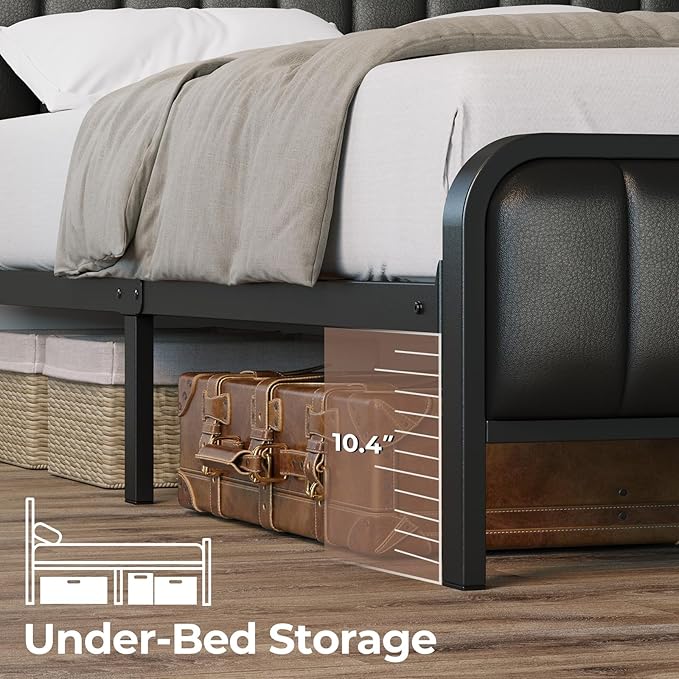 Rolanstar Full Size Bed Frame with LED Light and Charging Station Upholstered Headboard and Footboard Metal Slat Noise Free Easy Assembly Black