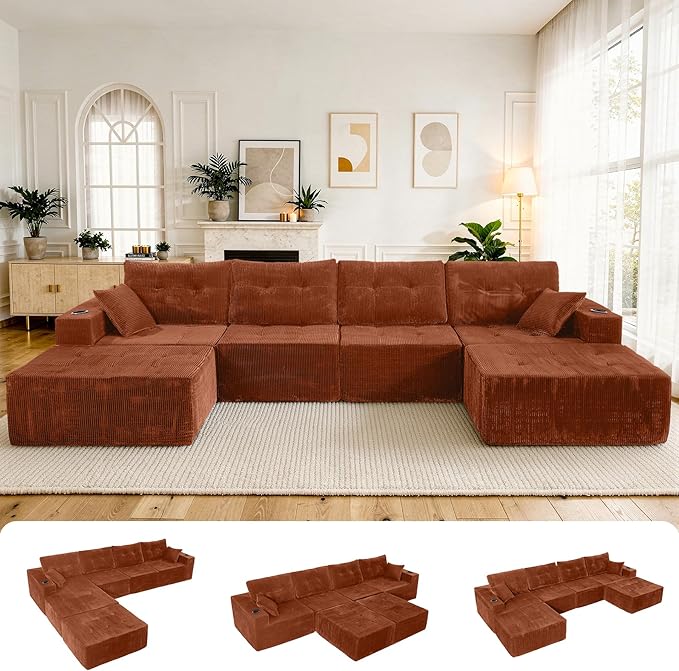 143 Modular Sectional Sofa for Living Room Convertible U-Shape Couch with OttomanModular Sectional SofaReddish Brown Corduroy