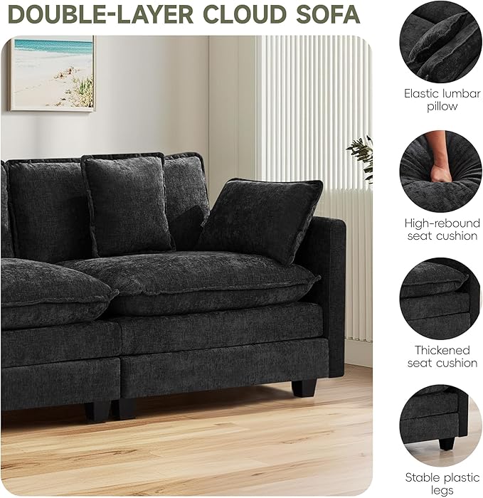 2-Seater Cloud Couch Oversized Comfy Modular Sectional Sofa with Deep Seat Cushions Chenille Loveseat for Living Room Apartment &amp Small Spaces Dark Grey