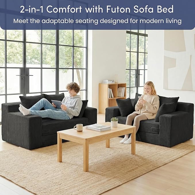 Boneless Couch Loveseat Sleeper Convertible Sofa Bed Folding Couch Bed Foldable 2 in 1 Boneless Chair Bed &amp Futon Sofa Bed Small Pull Out Sofa with 4 Pillows for Living Room Black | No Assembl