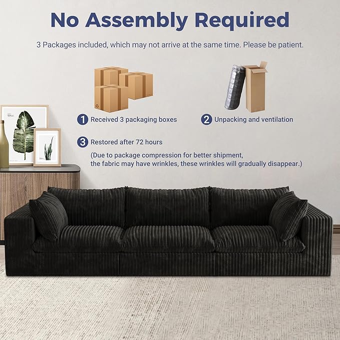 118.2 Modular Boneless Sofa 3 Seater Cloud Sectional Couches for Living Room Deep Seat Corduroy Upholstered Couch Furniture Set No Assembly Required (Black 3 Seater)