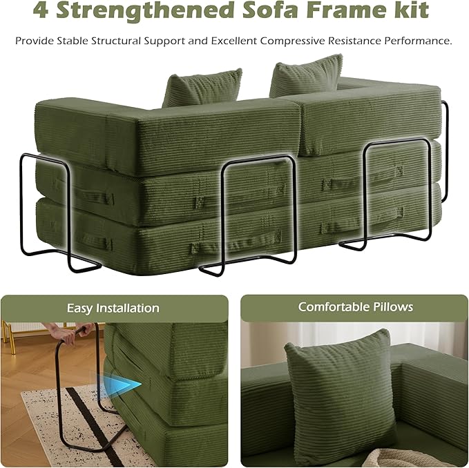4 in 1 Convertible Sleeper Sofa Bed78’’ Compression Folding Sofa Bed with Pillows &amp Side Pockets Fold Out Floor Couch Boneless Couch for Living RoomBedroomGreen