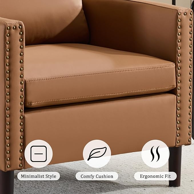 Sepnine Modern Accent Chair Mid-Century Faux Leather Armchair for Living Room Comfy Upholstered Club Chair Sofa Chair with Decorative Rivet Accents for Bedroom Reading Room (Brown 1 Pack)