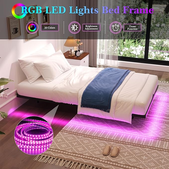 Floating Bed Frame Twin Size Twin Bed Frame with Smart LED Lights Heavy Duty Modern Metal Platform Bed No Box Spring Needed - Easy Assembly and Noise Free