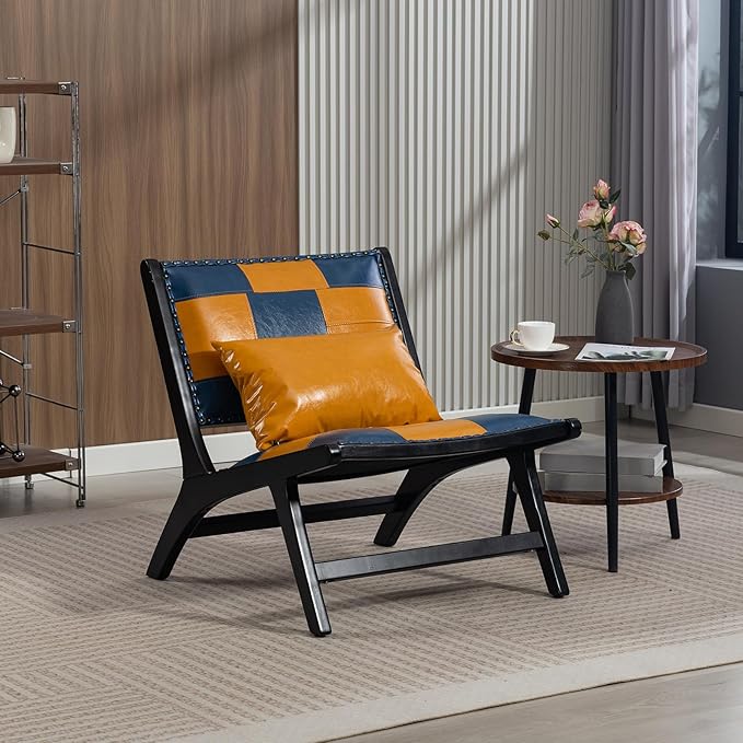 Modern Comfortable PU Leather Armless Mid-Century Style Lounge Armchair Brown Solid Wood Chair Floral Pattern Sofa Chair for Living Room/Office/Balcony/Bedroom (Blue+Yellow Set of 1)