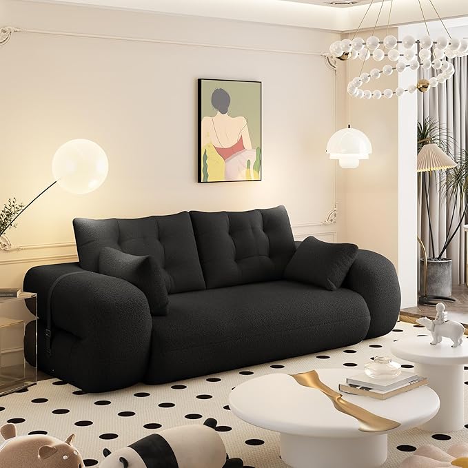 78.7 Convertible Sofa Bed 3-in-1 Folding Floor Couch with 4 Pillows Sleeper Sofa for Living Room and Guest Bed No Assembly Required (Black Teddy Fabric)