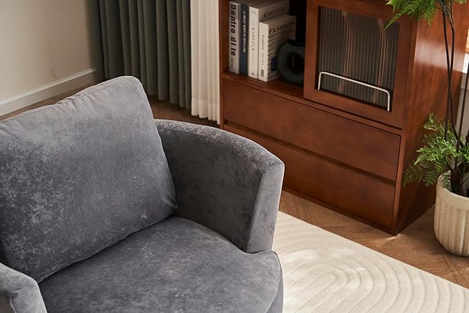 Velvet Swivel Barrel Chair Swivel Accent Chairs Armchair for Living Room Reading Chairs for Bedroom Comfy Round Barrel Chairs with Gold Stainless Steel Base (Grey)