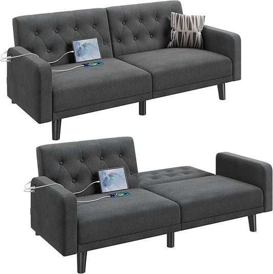 Yaheetech 63 Convertible Couch Small Futon Sofa Bed with 2 USB Ports Reclining Backrest &amp Removable Armrests Mid Century Modern Loveseat for Living Room Apartment Office Dark Gray