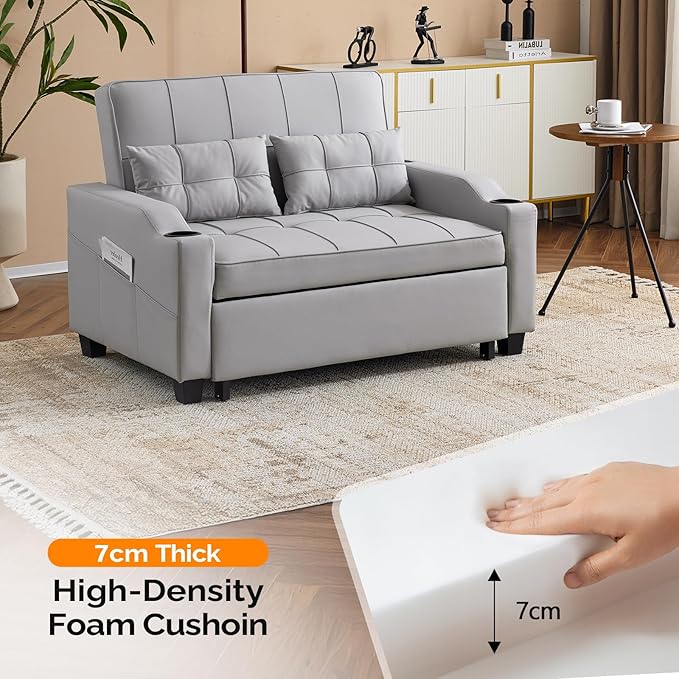 VINGLI Light Grey Futon Sofa Bed Convertible Loveseat Sleeper Couch Faux Leather Pullout Sofa Fold Out Couch Bed with USB Ports Cup Holders Armrest for Living Room Bedroom Apartment Room