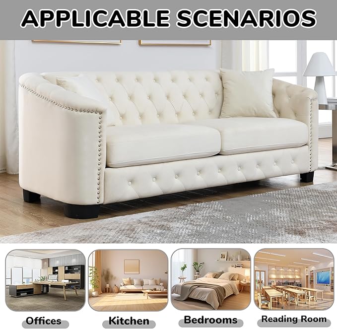 2 Piece Modern Chesterfield Velvet 77 3-Seater + 59 Loveseat Sofa Set Upholstered Tufted Backrests with 8 Nailhead Arms and 4 Cushions for Living Room (Beige 77 3-Seater + 59 Loveseat Sofa Set)