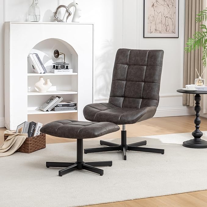 Roundhill Furniture Arlena 2-Piece Seating Set Faux Leather Tufted Accent Chair and Ottoman Brown