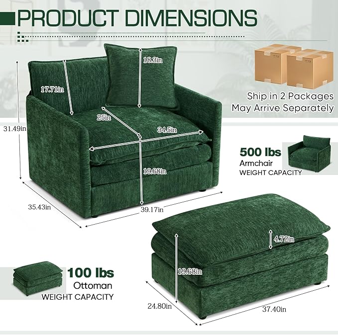 Oversized Accent Chair with Ottoman Modern Cloud Chaise Lounge Chair Indoor with Deep Seat Upholstered Comfy Armchair Reading Chairs Sofa for Bedroom Living Room Apartment Green Chenille