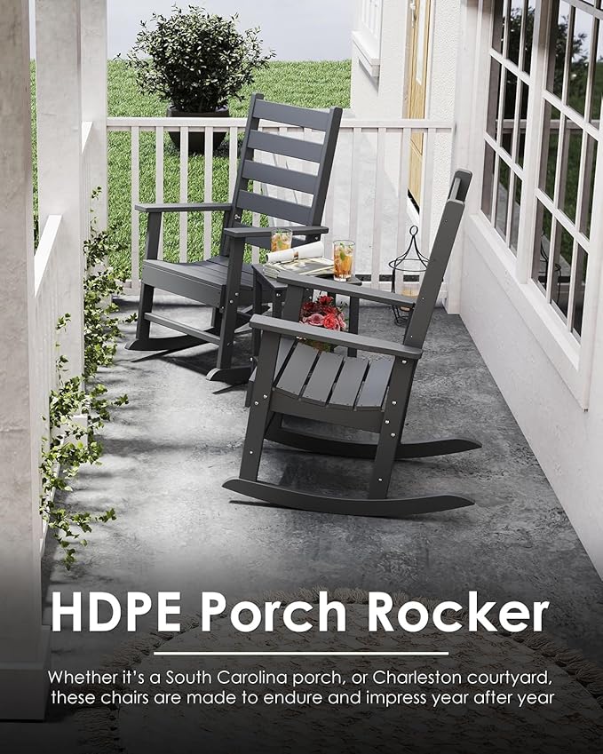 GREENVINES Outdoor-Rocking-Chairs-Set-of-2 | HDPE Plastic | Patio Rockers | Porch Rocker Chair | Shaker | Oversized | High Ladder Back | Big &amp Tall | PentaLuxe | Grey
