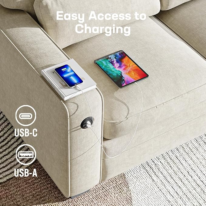Marsail Pull Out Sofa Bed Full Size Sleeper Sofa with Memory Foam Mattress 2 USB Charging and Removable Covers Loveseat for Living Room Apartment Supports 600 LBS Chenille Fabric White