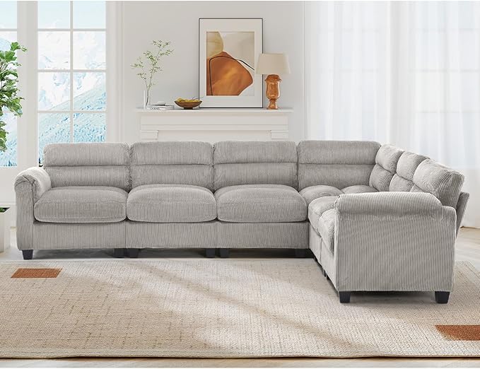 115” Modular Sectional L Shaped Corner Sofa Corduroy 6-Seater Couches with Thick Cushion for Living Room Grey