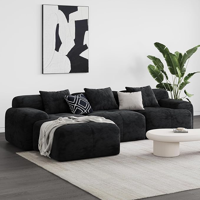 Modern L-Shaped Modular Sectional Sofa for Living RoomOversized 3-Seater Couch with Deep Seat and Movable Ottoman – No AssemblyComfortable Corduroy Fabric Boneless Sofa(Dark Gray) (Black)