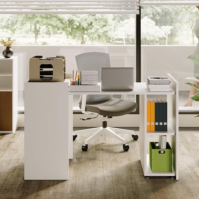 Compact Extension Table Folding Computer Desk with Drawer and Storage Shelves for Home Office Study Gaming in Small Spaces Dorm or Apartment - White