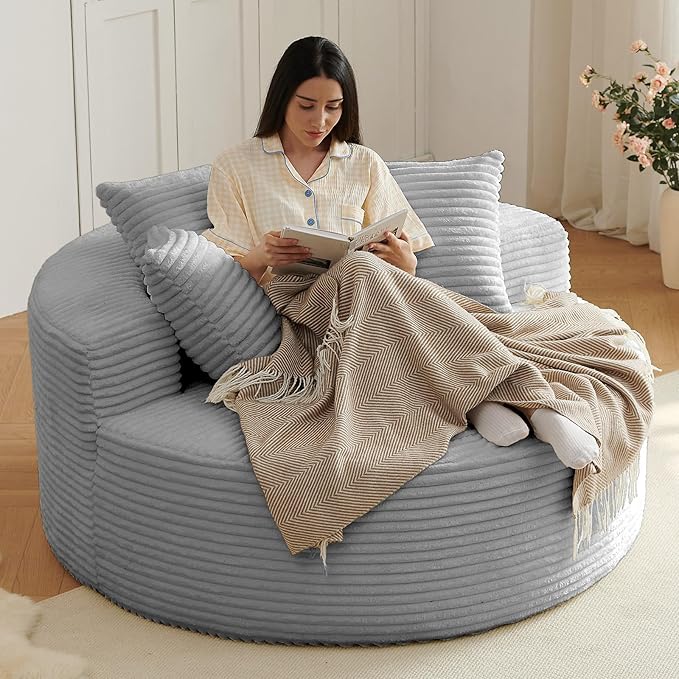 Oversized Round Chair Lounge Chaise Indoor Upholstered Corduroy Deep Seat Cloud Large Circle Sofa Chair No Assembly Required Fluffy Modern Sleeper Sofa Bed for Reading Living Room Light gray