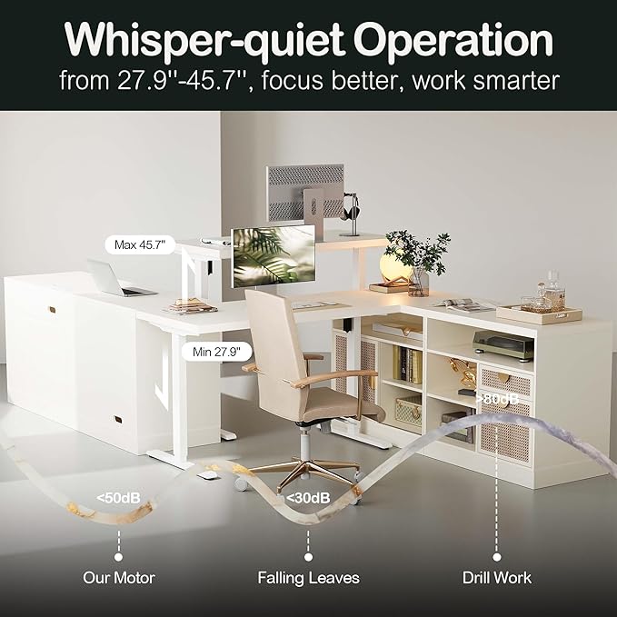 67 L Shaped Standing Desk with Drawers and File Cabinet AC/USB 1.18 Desktop Height Adjustable Wood Desk Electric Desk with Multiple Functions for Home and Office White Rattan