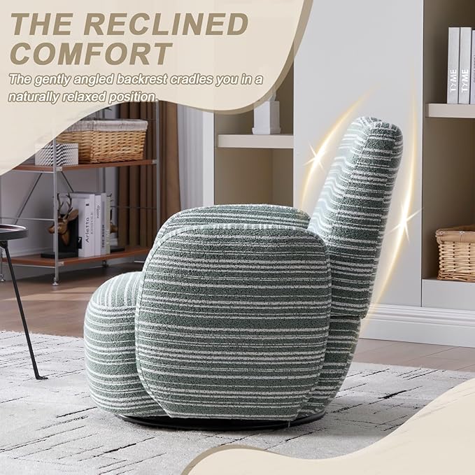 360° Swivel Accent Chair with Armrest Modern Striped Upholstered Lounge Chair Stable Round Base &amp Sturdy Metal Frame Armchair for Bedroom Living Room Office &amp Vanity (Mint Green)