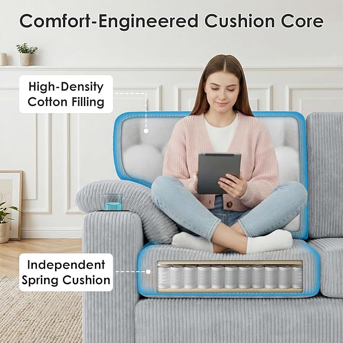 80'' Modular Sectional Sofa 3-Seater L-Shaped Couch with Storage DesignCorduroy Fabric and Movable Ottoman for Living Room Office Apartment LightGray | USB Charging Cup Holders Side Pockets Ar