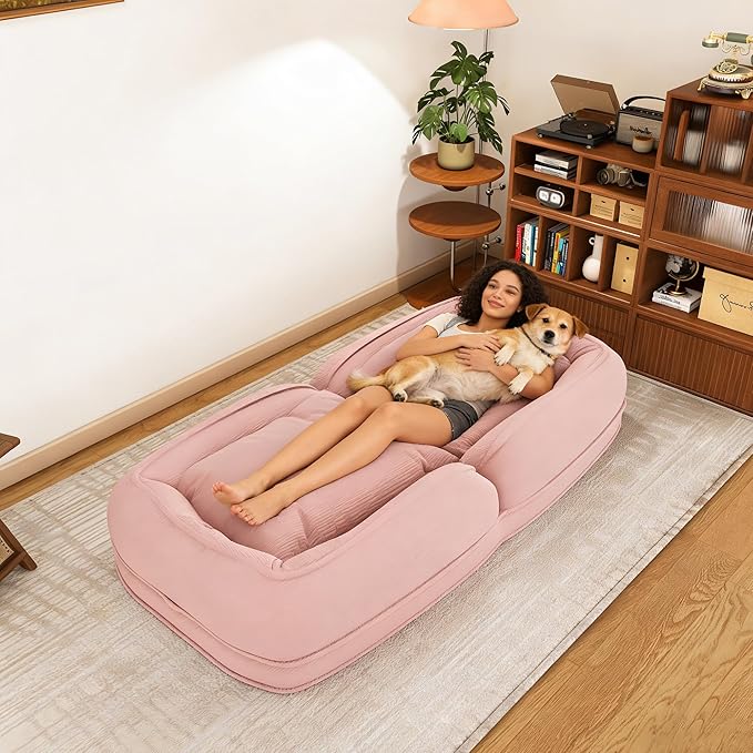 Foldable Lazy Sofa Bed Floor Chair Upholstered Human Dog Bed with 5 Adjustable Position Comfy Tatami Lounge Chair with 2 Pillows Lazy Sofa for Bedroom Living Room Reading (Pink)